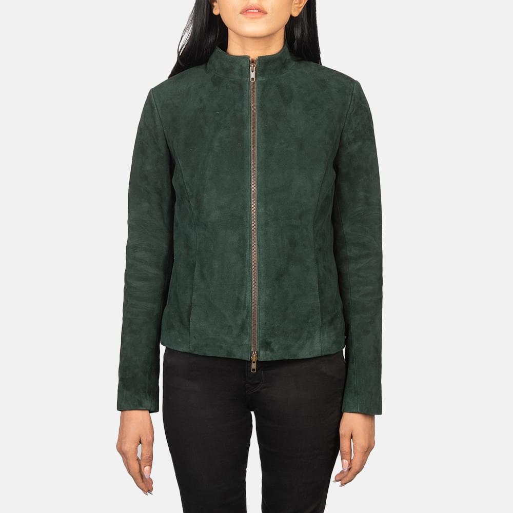 Women's Rumella Green Suede Leather Biker Jacket Close Front-5-