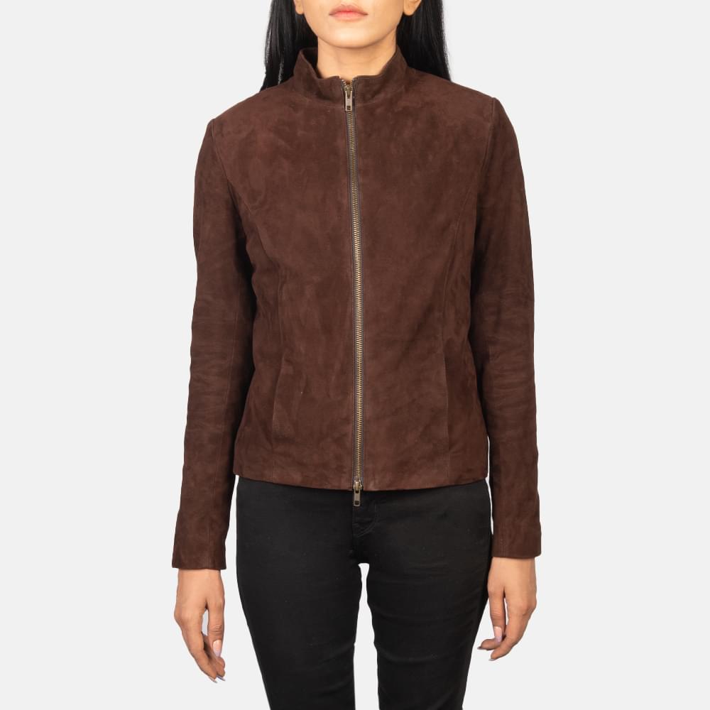 Women's Rumella Mocha Suede Leather Biker Jacket Close Front-5-