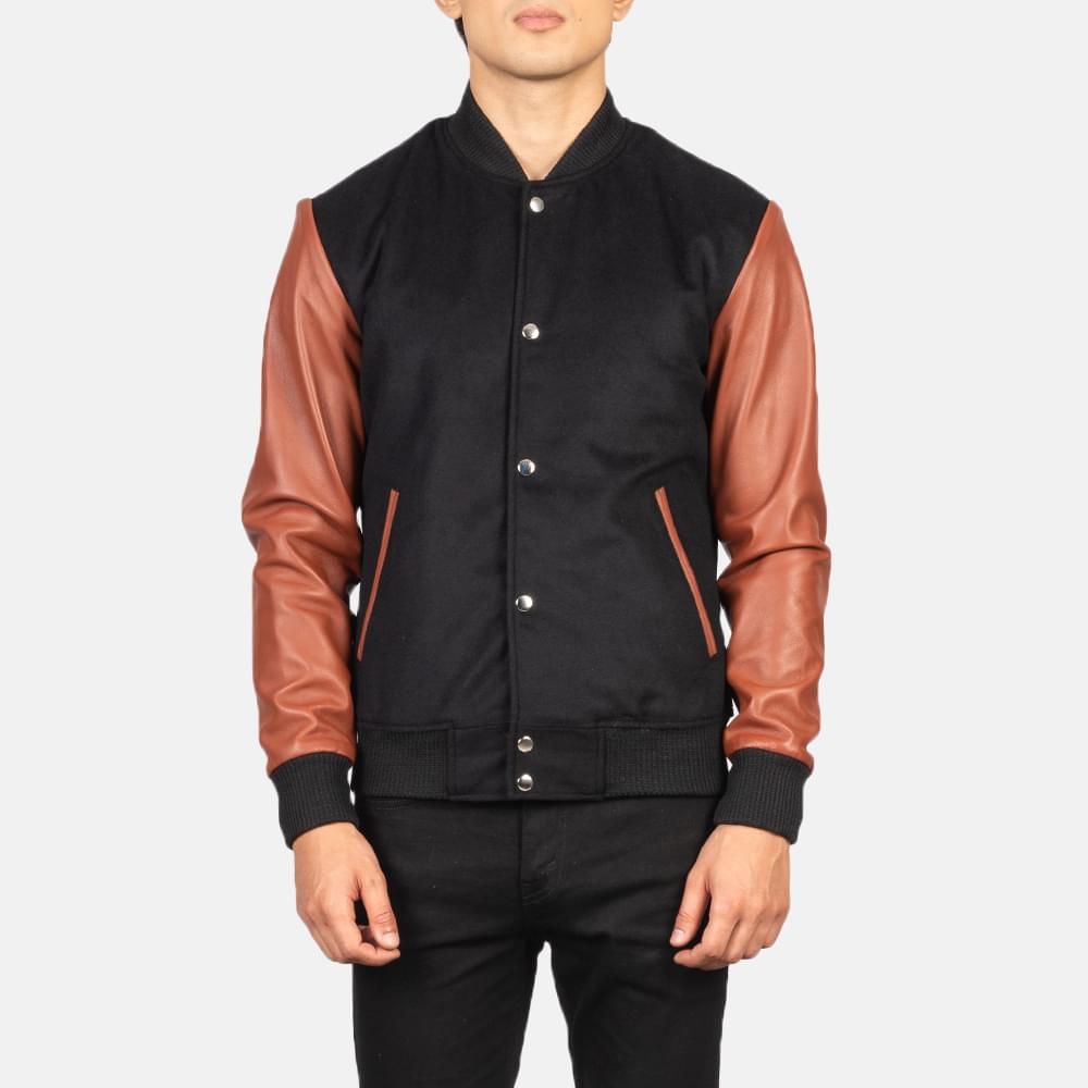 Men's Vaxton Brown Hybrid Varsity Jacket Close Front