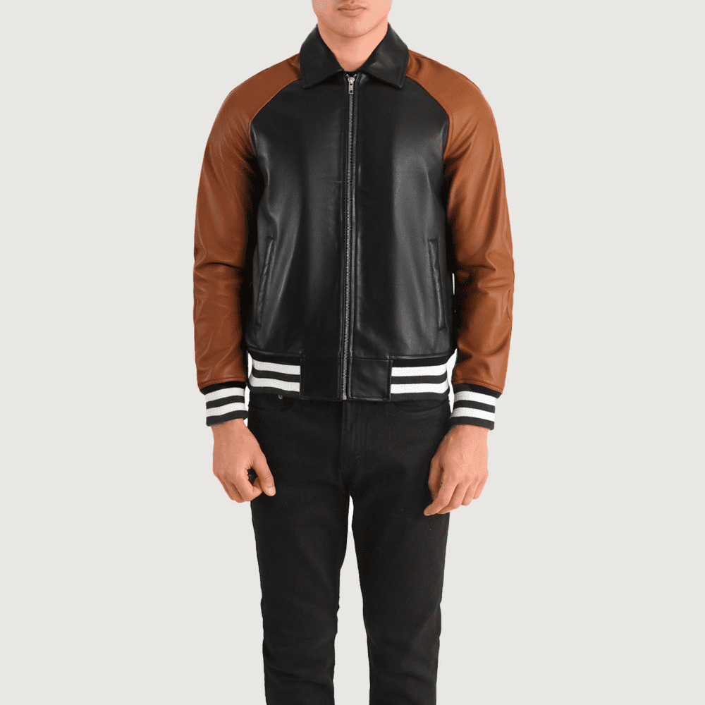 Walton Black & Brown Real Leather Varsity Jacket
